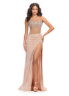 Nude ASHLEYlauren 11830 dazzling fully hand-beaded gown featuring a sweetheart neckline, corset bustier, left leg slit, and a horsehair-trimmed skirt for a glamorous and elegant look.