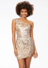 Nude ASHLEYlauren 4509 hand-beaded cocktail dress featuring a one shoulder neckline, illusion side cut-out, perfectly placed bead pattern to accentuate curves, a fitted skirt, and full zipper back for a glamorous and elegant look.