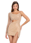 Nude ASHLEYlauren 4808 Fully Beaded Cocktail Dress with One Sleeve, Cowl Neckline, Cut-Out Detail, and Left Leg Slit