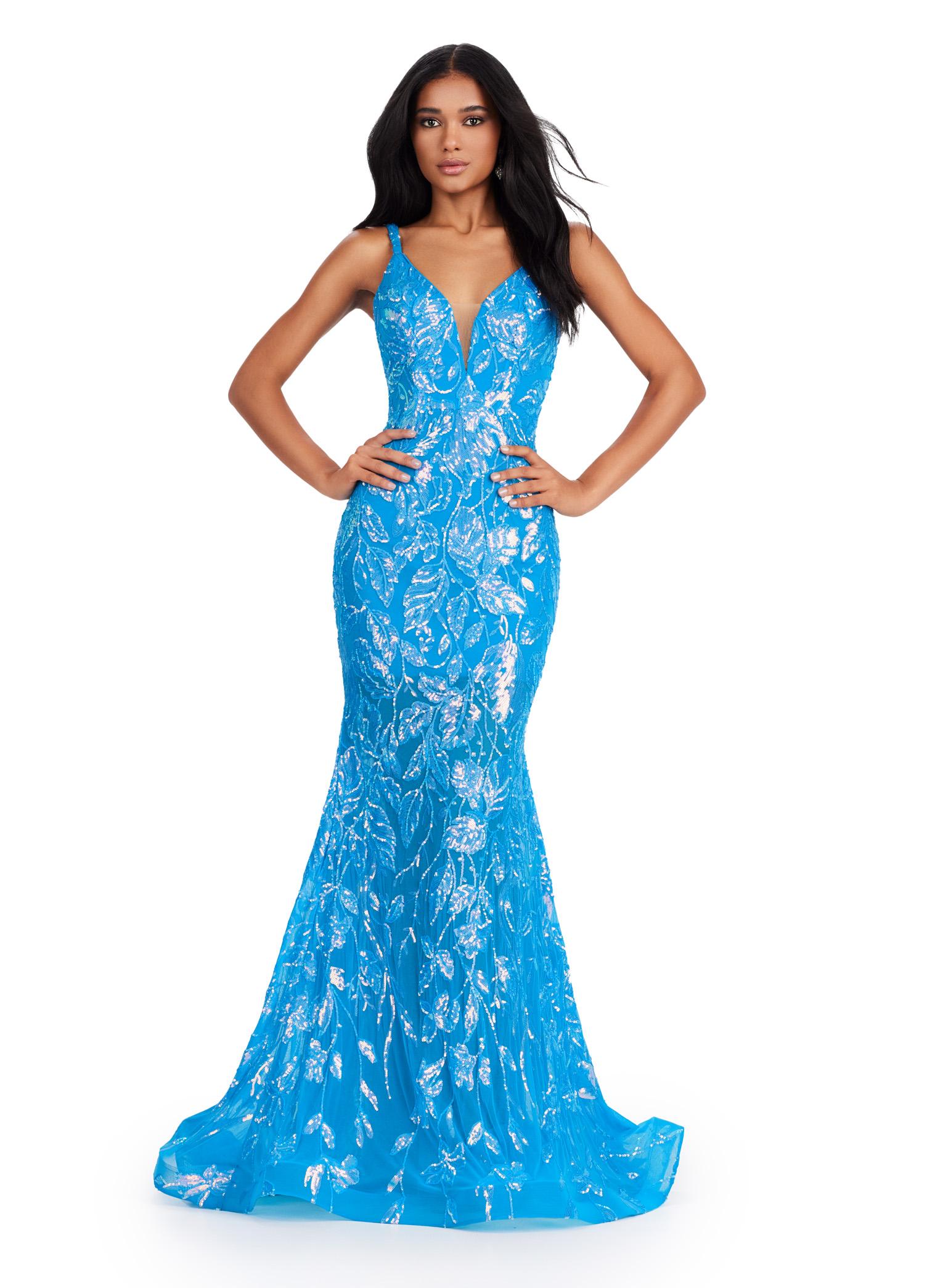 Ocean ASHLEYlauren 11444 Fully Sequin Gown with V-Neckline, Deep V-Back, Stretch Fabric, and Flared Skirt for a Regal Look