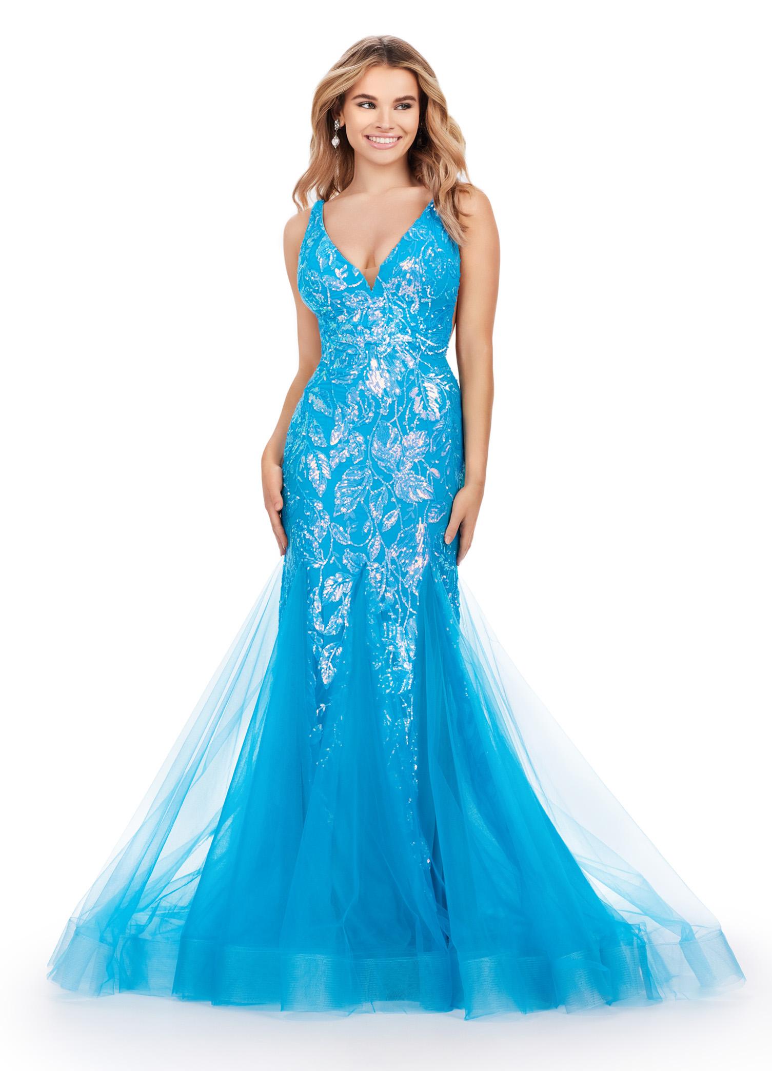 Ocean ASHLEYlauren 11472 stretch sequin gown with deep V-neckline, V-back, and pleated tulle overlay skirt