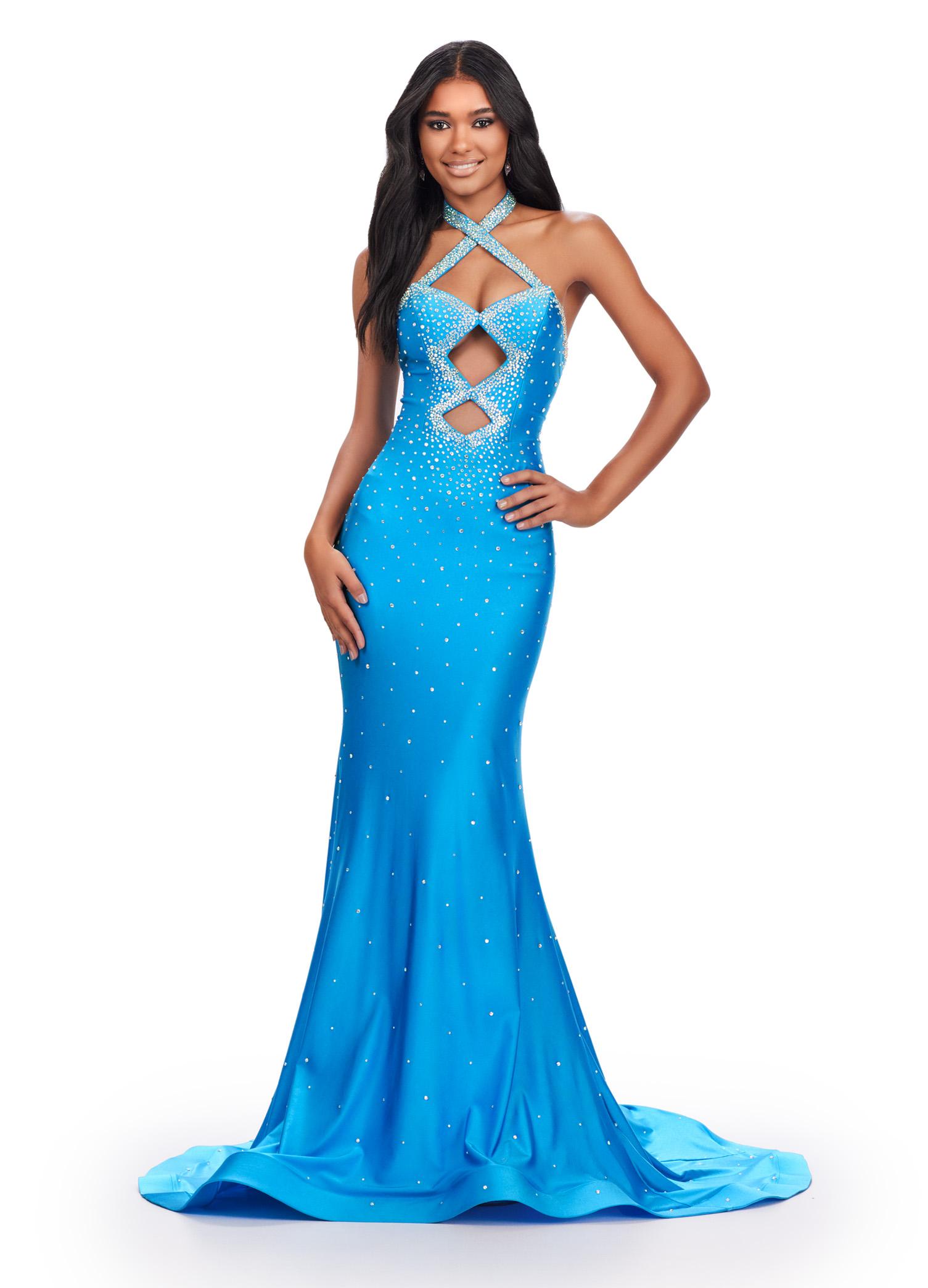 Ocean ASHLEYlauren 11578 Edgy Fitted Jersey Gown with Halter Neckline, Bold Cut Outs, and Glamorous Press On Stone Details