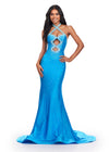 Ocean ASHLEYlauren 11578 Edgy Fitted Jersey Gown with Halter Neckline, Bold Cut Outs, and Glamorous Press On Stone Details