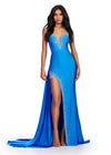 Ocean ASHLEYlauren 11579 Unique Jersey Gown with Illusion V-Neckline, Sparkling Press On Stones, Flowing Side Skirt, and Left Leg Slit