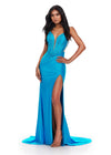 Ocean ASHLEYlauren 11688 Stunning Jersey Gown with Spaghetti Straps, Plunging V-Neckline, Scattered Press On Stones, Draped Skirt, and Left Leg Slit