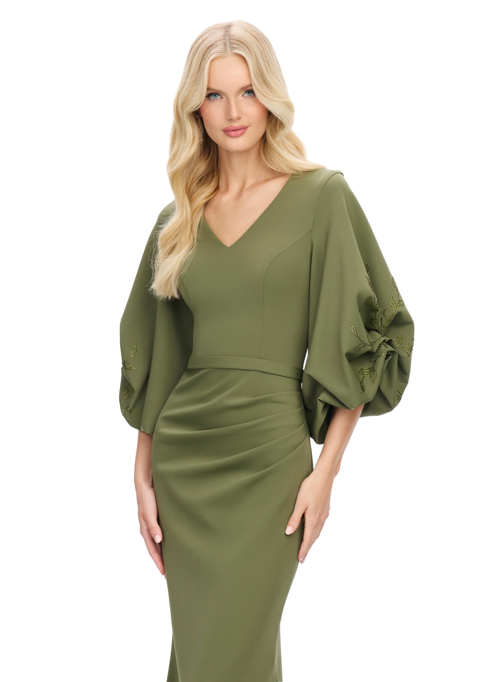 Olive ASHLEYlauren 11740 Timeless Fitted Scuba Gown with Elegant V-Neckline, Embellished Balloon Sleeves, Press On Stone Accents, and Wrap Skirt Design