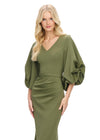 Olive ASHLEYlauren 11740 Timeless Fitted Scuba Gown with Elegant V-Neckline, Embellished Balloon Sleeves, Press On Stone Accents, and Wrap Skirt Design