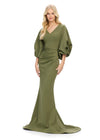 Olive ASHLEYlauren 11740 Timeless Fitted Scuba Gown with Elegant V-Neckline, Embellished Balloon Sleeves, Press On Stone Accents, and Wrap Skirt Design