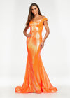 Orange ASHLEYlauren 11107 Off-Shoulder Sequin Gown with Criss-Cross Open Back, Fit & Flare Silhouette, and Horsehair Hem