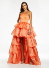 Orange ASHLEYlauren 11159 One-Shoulder High-Low Gown with Beaded Strap, Ruffled Organza Tiers, and Dramatic Silhouette