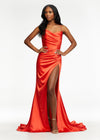 Orange ASHLEYlauren 11162 Elegant Gown with Spaghetti Straps, Draped Bodice, Ruching, Left Leg Slit, and Lace-Up Back