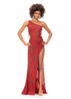 Orange ASHLEYlauren 11280 daring one shoulder gown featuring an intricate bead pattern, scattered fringe accents, bold side cut outs, and a left leg slit for a striking and glamorous statement look.