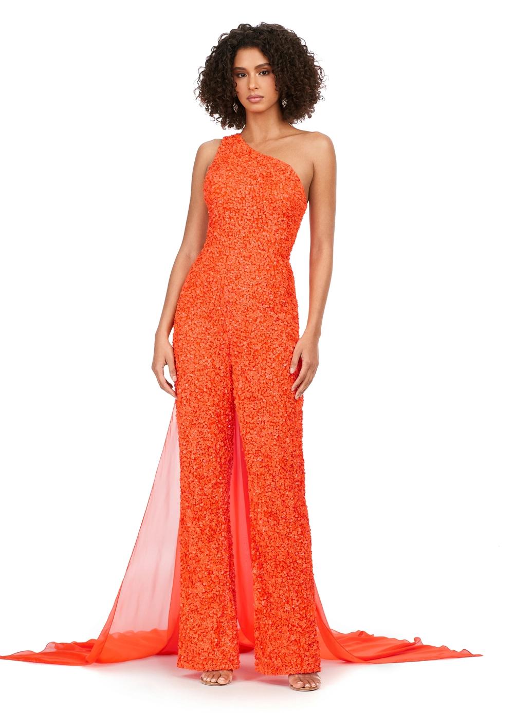 Orange ASHLEYlauren 11384 eye-catching sequin jumpsuit featuring a one shoulder neckline, removable cape, open back with sequin straps, for a bold and glamorous statement look.