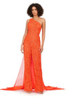 Orange ASHLEYlauren 11384 eye-catching sequin jumpsuit featuring a one shoulder neckline, removable cape, open back with sequin straps, for a bold and glamorous statement look.