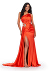 Orange ASHLEYlauren 11537 one shoulder satin gown featuring a ruched bustier, beaded crystal straps and waist accents, and a draped side skirt for an elegant, glamorous finish.