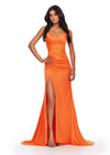 Orange ASHLEYlauren 11605 Timeless Strapless Satin Gown with Sweetheart Neckline, Ruched Detailing, Lace Up Back, and Right Leg Slit