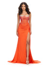 Orange ASHLEYlauren 11616 Spaghetti Strap Gown with Beaded Corset Bustier, Press On Stone Embellishments, and Left Leg Slit