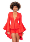 Orange ASHLEYlauren 4572 two-piece romper featuring a deep V-neckline, dramatic bell sleeves, and a sleek fitted design for a bold and fashionable statement look.