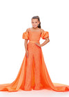Orange ASHLEYlauren 8269 fully beaded kids jumpsuit featuring a square neckline, dramatic removable taffeta puff sleeves, and a detachable taffeta overskirt for a bold and versatile statement look.