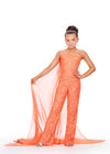 Orange ASHLEYlauren Kids 8191 Fully Beaded One Shoulder Jumpsuit with Chiffon Cape