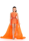 Orange ASHLEYlauren 8315 Jersey Romper with Halter Neckline, Press-On Stone Beading, and Flowing Organza Overskirt