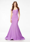 Orchid ASHLEYlauren 11025 off shoulder scuba gown featuring a sweetheart neckline, signature crisscross strappy back, fitted silhouette, and a sweep train for an elegant and sophisticated look.