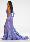 Back - Orchid ASHLEYlauren 11026 fully sequin gown featuring a one shoulder neckline with a single long sleeve, high left leg slit, full train, and an exposed zipper for a bold and glamorous look.