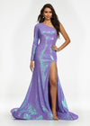 Orchid ASHLEYlauren 11026 fully sequin gown featuring a one shoulder neckline with a single long sleeve, high left leg slit, full train, and an exposed zipper for a bold and glamorous look.