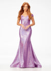 Orchid ASHLEYlauren 11107 Off-Shoulder Sequin Gown with Criss-Cross Open Back, Fit & Flare Silhouette, and Horsehair Hem