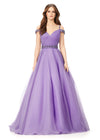 Orchid ASHLEYlauren 11221 – A dazzling off-shoulder organza ball gown featuring a sweetheart neckline, ruched bodice, and spaghetti straps encrusted with rhinestones. Complete with an elegant belt and crystal details for a show-stopping look.