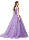 Back - Orchid ASHLEYlauren 11221 – A dazzling off-shoulder organza ball gown featuring a sweetheart neckline, ruched bodice, and spaghetti straps encrusted with rhinestones. Complete with an elegant belt and crystal details for a show-stopping look.