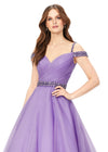Orchid ASHLEYlauren 11221 – A dazzling off-shoulder organza ball gown featuring a sweetheart neckline, ruched bodice, and spaghetti straps encrusted with rhinestones. Complete with an elegant belt and crystal details for a show-stopping look.