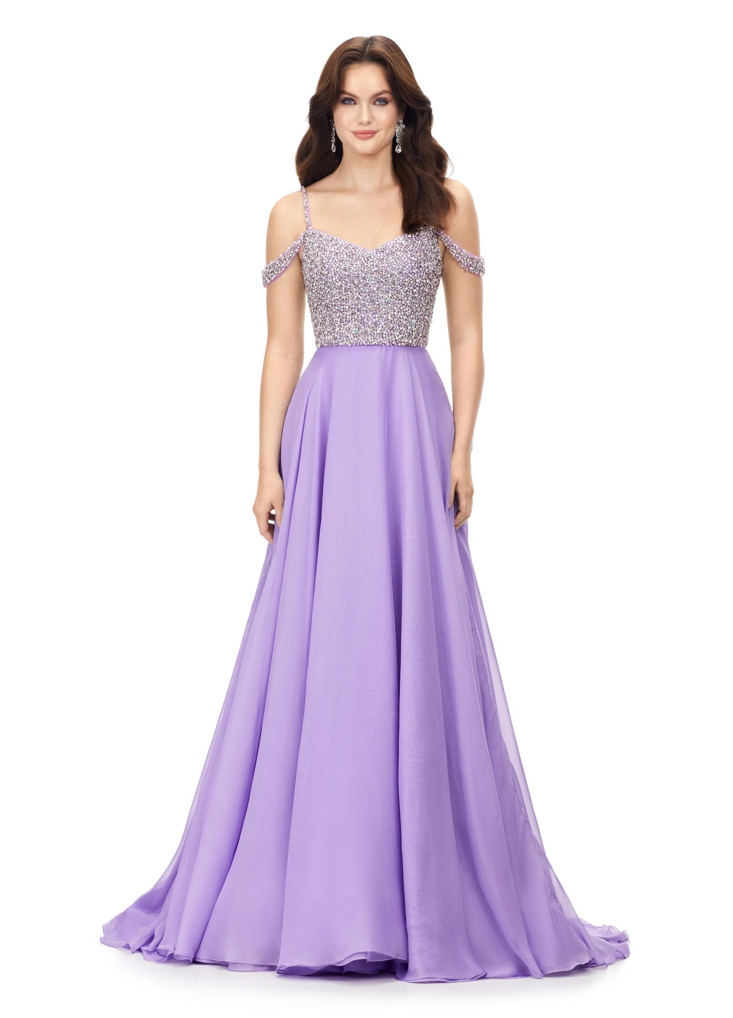 Orchid ASHLEYlauren 11253 – A dazzling chiffon A-line gown featuring a sweetheart neckline and a fully encrusted bustier with crystals and pearls, along with crystal and pearl-encrusted spaghetti and shoulder straps. Perfect for making an unforgettable statement at any event.