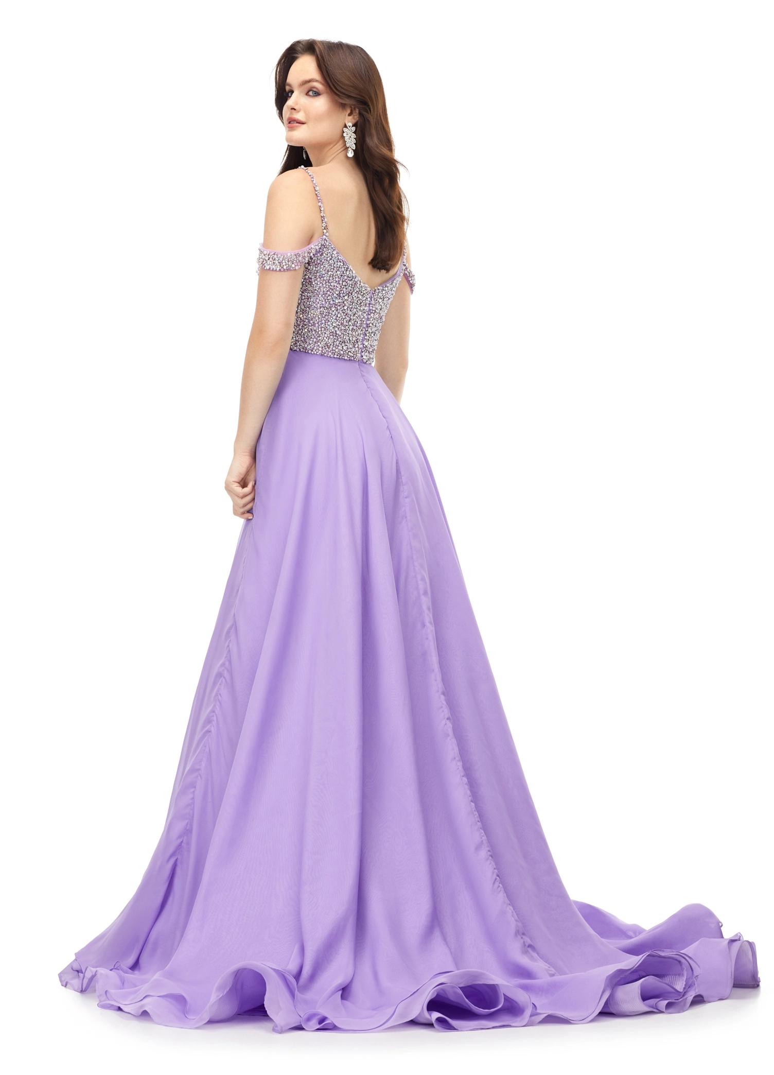 Back - Orchid ASHLEYlauren 11253 – A dazzling chiffon A-line gown featuring a sweetheart neckline and a fully encrusted bustier with crystals and pearls, along with crystal and pearl-encrusted spaghetti and shoulder straps. Perfect for making an unforgettable statement at any event.
