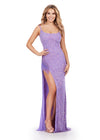Orchid ASHLEYlauren 11357 glamorous fully beaded gown featuring a scoop neckline, delicate spaghetti straps, fringe-encrusted slit, and crystal accents for a dazzling old Hollywood-inspired look.