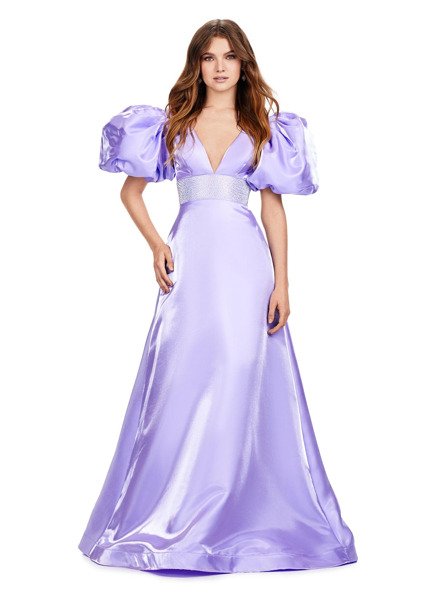 Orchid ASHLEYlauren 11378 Elegant Shimmer Satin A-Line Gown with V-Neckline, V-Back, Oversized Puff Sleeves, and Heat Set Detailed Waistband