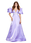 Orchid ASHLEYlauren 11378 Elegant Shimmer Satin A-Line Gown with V-Neckline, V-Back, Oversized Puff Sleeves, and Heat Set Detailed Waistband