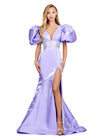 Orchid ASHLEYlauren 11379 Shimmer Satin Fitted Gown with V-Neckline, Lace-Up Back, Oversized Puff Sleeves, and Scattered Heat Set Stone Waistband
