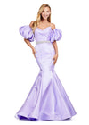 Orchid ASHLEYlauren 11419 Strapless Satin Gown with Sweetheart Neckline, Voluminous Puff Sleeves, Mermaid Silhouette, and Sparkling Jeweled Belt