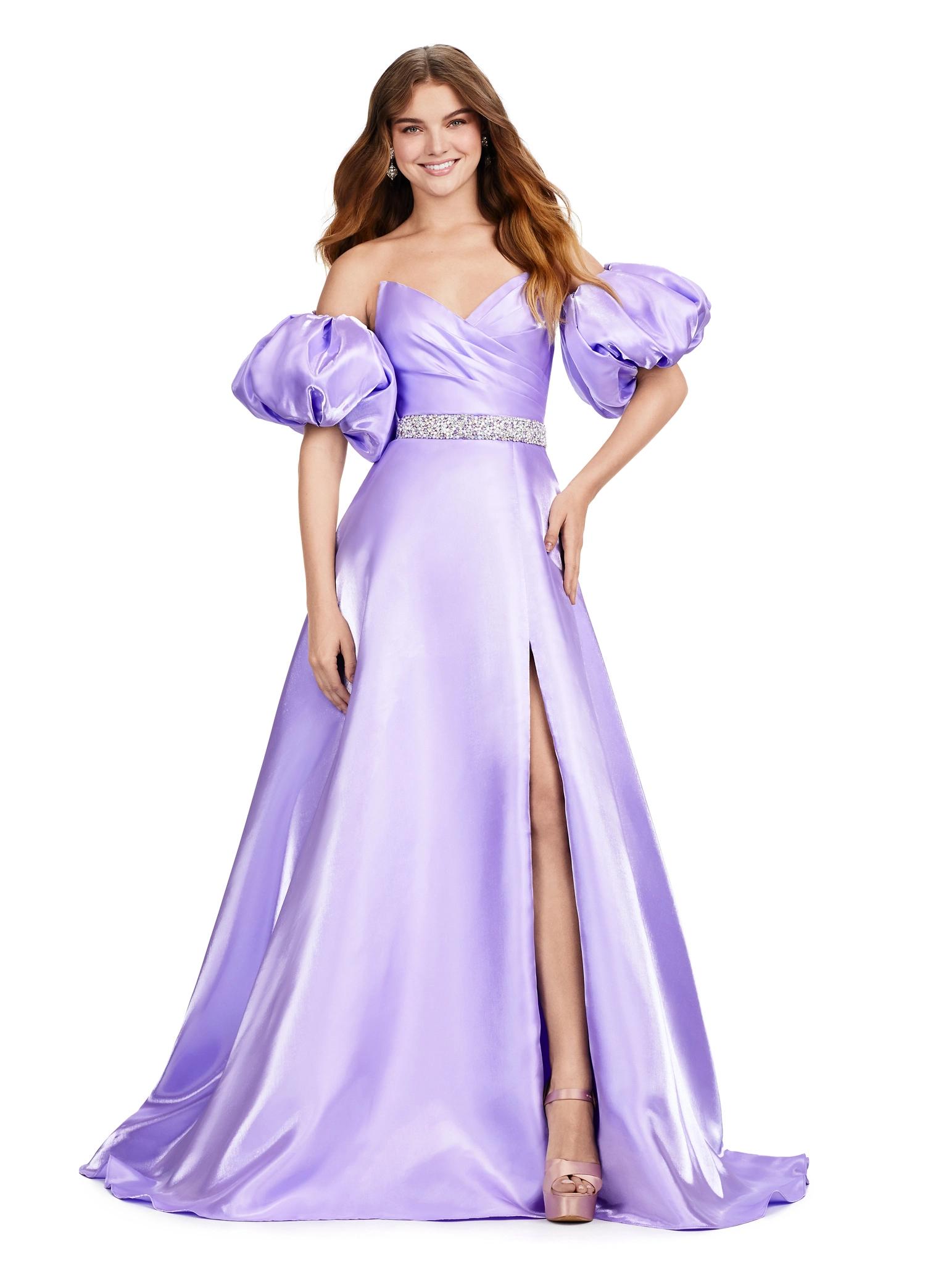 Orchid ASHLEYlauren 11474 strapless satin ball gown with sweetheart neckline, beaded belt, left leg slit, and detachable puff sleeves