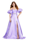 Orchid ASHLEYlauren 11474 strapless satin ball gown with sweetheart neckline, beaded belt, left leg slit, and detachable puff sleeves