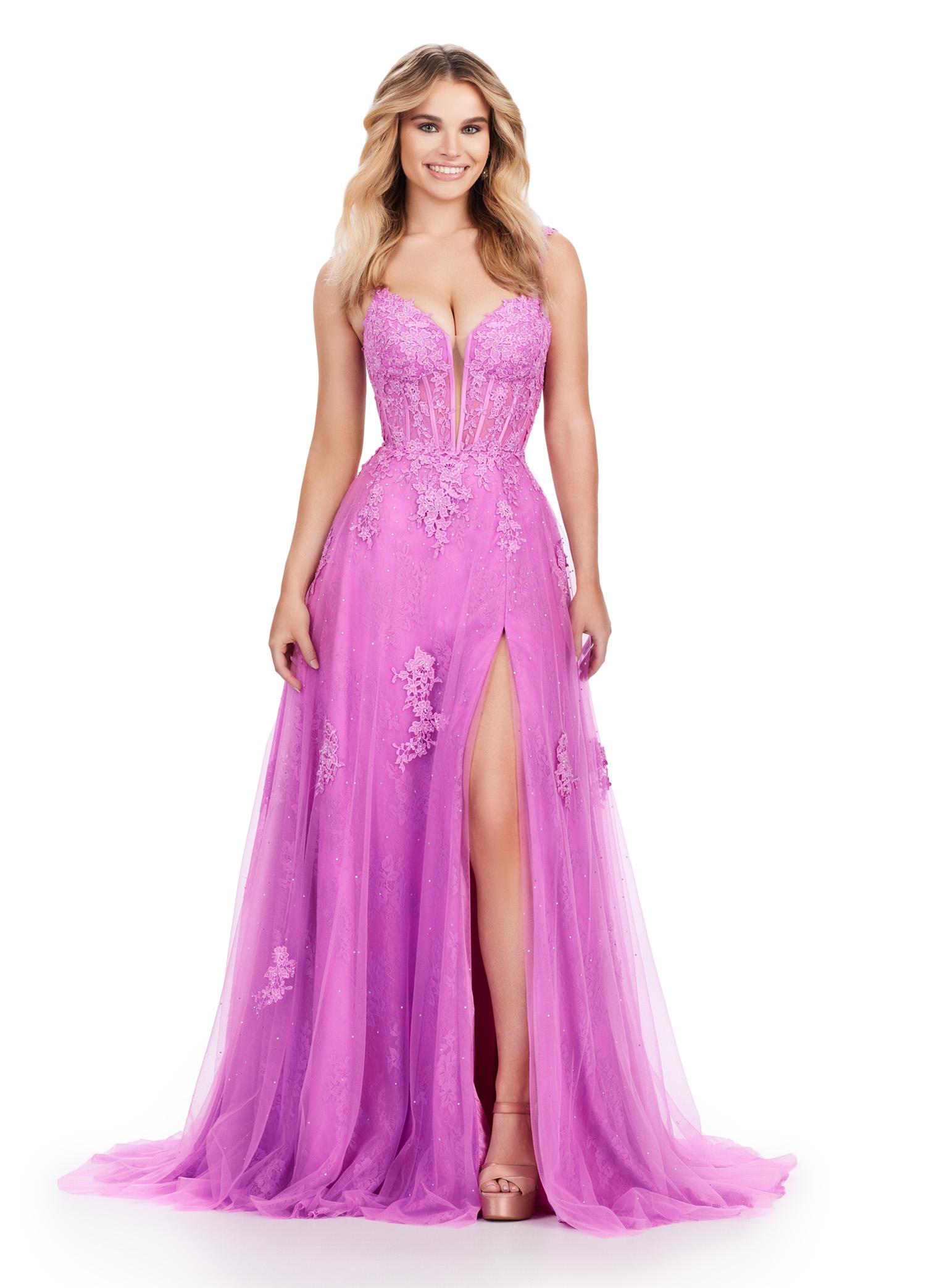 Orchid ASHLEYlauren 11558 Elegant A-Line Gown with Spaghetti Straps, Lace Appliqué Bodice, V-Neckline, V-Back, Cascading Appliqué Skirt, Left Leg Slit, and Sweep Train