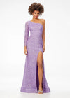 Orchid ASHLEYlauren 1977 fitted hand-beaded dress featuring a one shoulder long sleeve, left leg slit, and a horsehair hem for an elegant and sophisticated look. Back