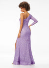 Orchid ASHLEYlauren 1977 fitted hand-beaded dress featuring a one shoulder long sleeve, left leg slit, and a horsehair hem for an elegant and sophisticated look. Back back