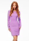 Orchid ASHLEYlauren 4336 fitted short dress featuring a classic crew neckline, long sleeves with shoulder pads, and a full exposed zipper back for a sleek and modern look.