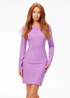 Orchid ASHLEYlauren 4336 fitted short dress featuring a classic crew neckline, long sleeves with shoulder pads, and a full exposed zipper back for a sleek and modern look.
