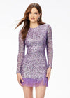 ASHLEYlauren 4438 – A sassy and classy fully hand-beaded long sleeve cocktail dress featuring a fitted skirt with fringe detail along the left leg slit and hemline. Perfect for making a bold, elegant statement at any event.