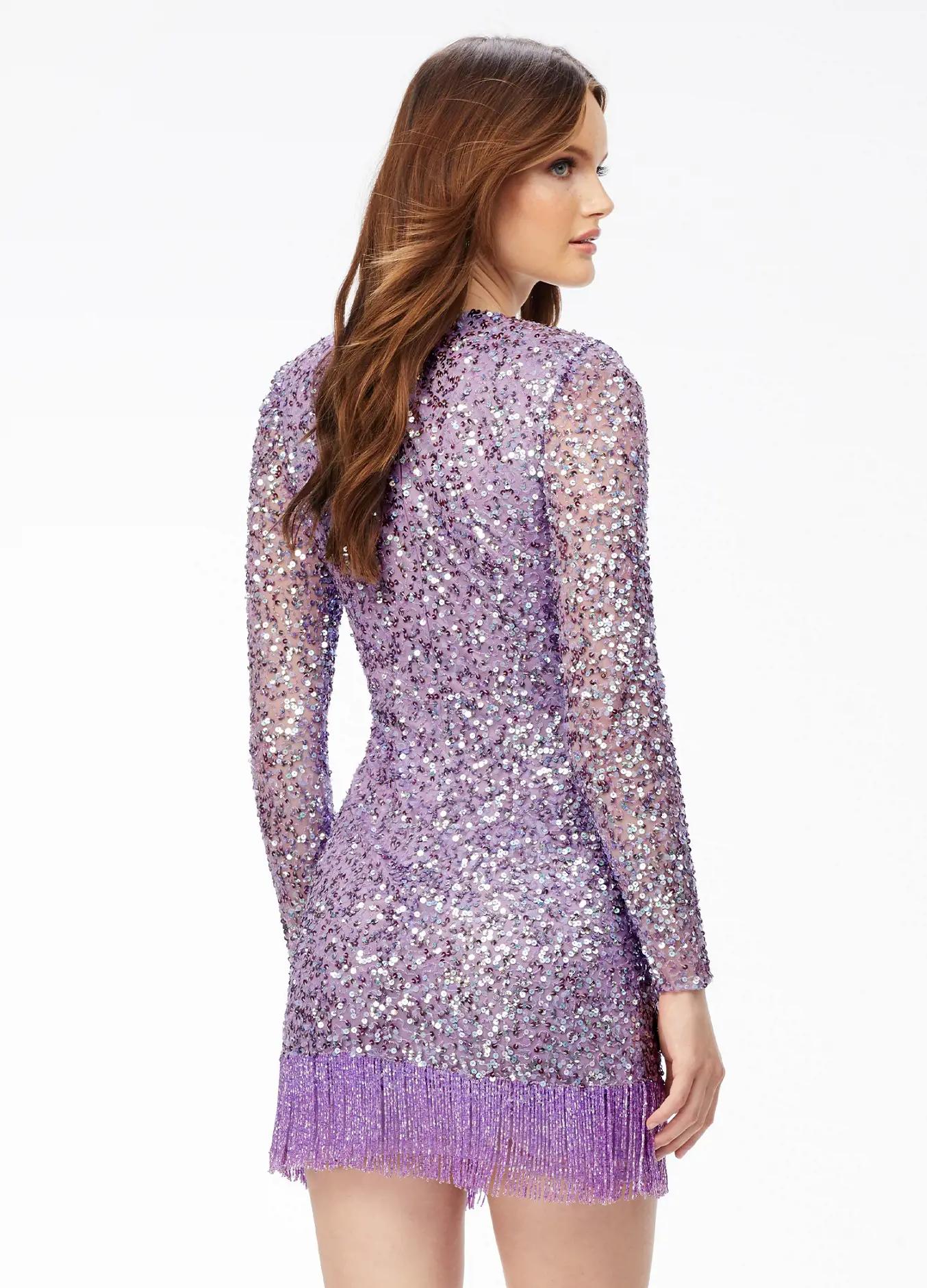 Back - ASHLEYlauren 4438 – A sassy and classy fully hand-beaded long sleeve cocktail dress featuring a fitted skirt with fringe detail along the left leg slit and hemline. Perfect for making a bold, elegant statement at any event.
