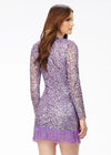 Back - ASHLEYlauren 4438 – A sassy and classy fully hand-beaded long sleeve cocktail dress featuring a fitted skirt with fringe detail along the left leg slit and hemline. Perfect for making a bold, elegant statement at any event.
