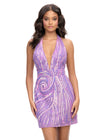 Orchid ASHLEYlauren 4791 fully hand-beaded cocktail dress featuring a halter neckline, illusion deep V-neckline, and open back for a bold and show-stopping look.